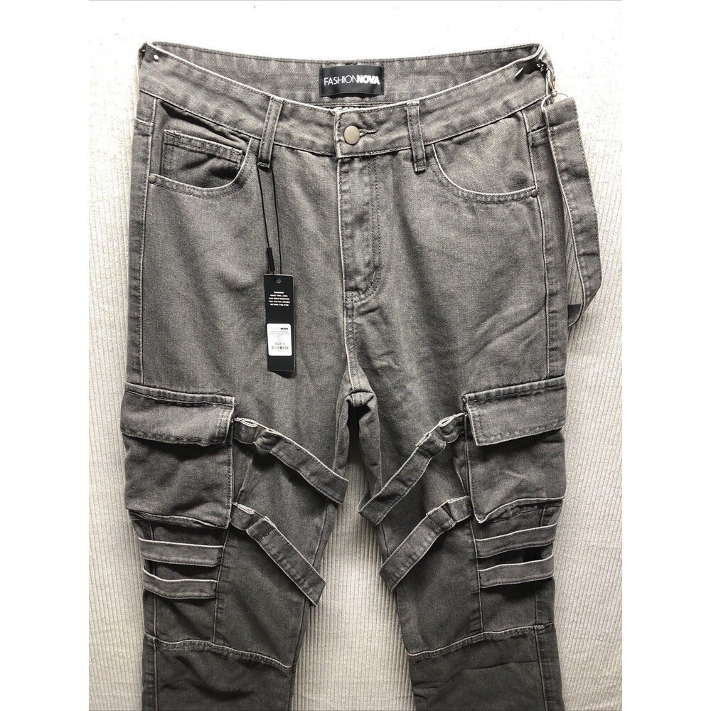 Fashion Nova Leave A Message Cargo Straight Leg Jeans Grey Size 9 NWT